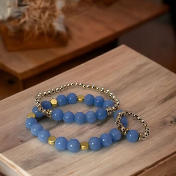 NWT Wool + Pepper Co. Angelite Gemstone & Gold Bracelets and Ring Set - Picture 2 of 3